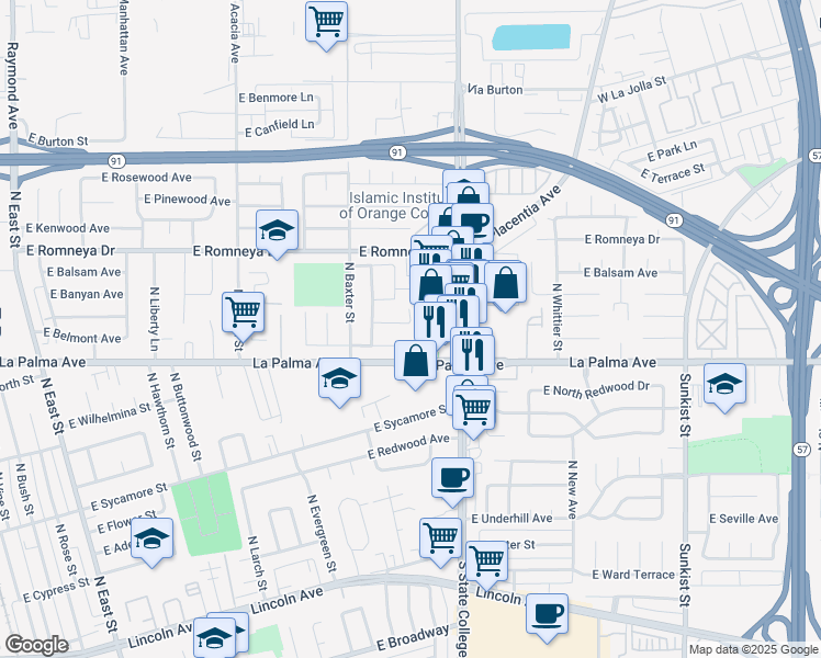 map of restaurants, bars, coffee shops, grocery stores, and more near 1770 East Sandalwood Avenue in Anaheim