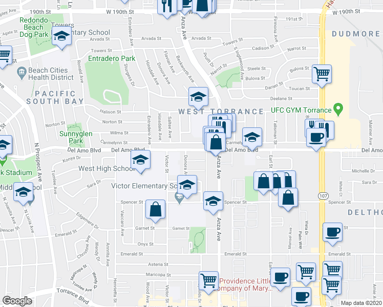map of restaurants, bars, coffee shops, grocery stores, and more near 4804 Del Amo Boulevard in Torrance