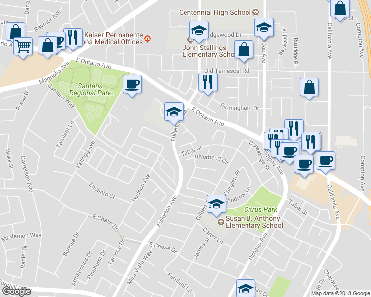 map of restaurants, bars, coffee shops, grocery stores, and more near 940 Riverview Circle in Corona