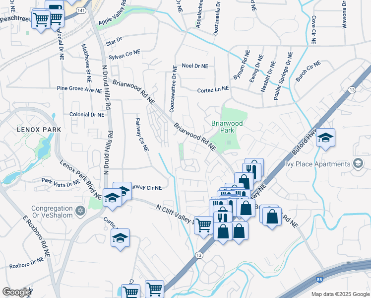 map of restaurants, bars, coffee shops, grocery stores, and more near 2122 Cobblestone Circle Northeast in Atlanta