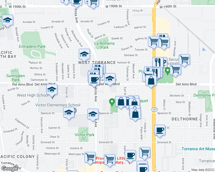 map of restaurants, bars, coffee shops, grocery stores, and more near 4460 Del Amo Boulevard in Torrance