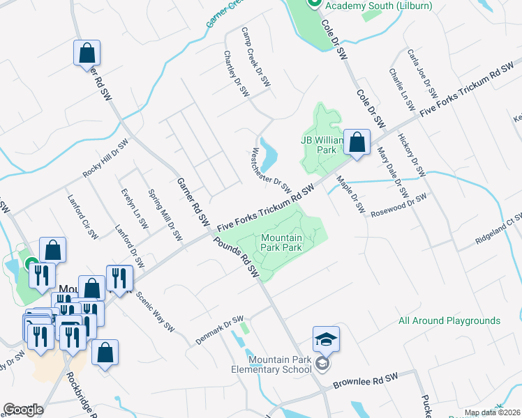 map of restaurants, bars, coffee shops, grocery stores, and more near 5012 Chester Court Southwest in Lilburn
