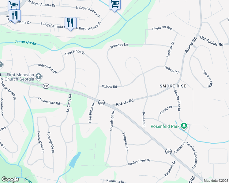 map of restaurants, bars, coffee shops, grocery stores, and more near 5210 Oxbow Road in Stone Mountain