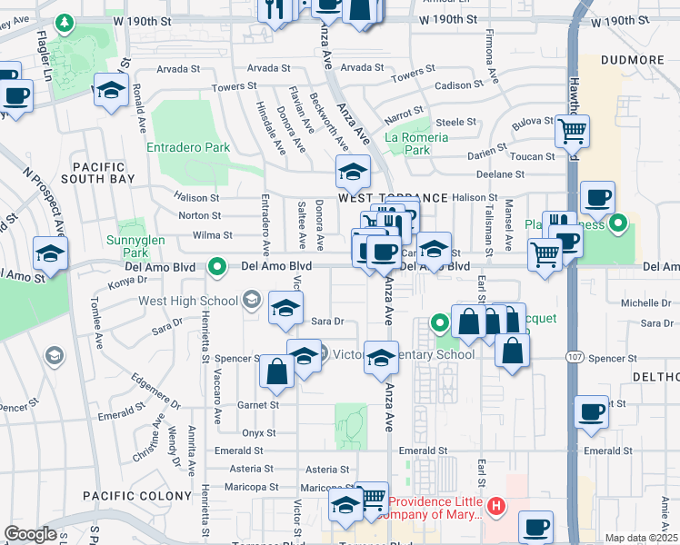 map of restaurants, bars, coffee shops, grocery stores, and more near 4804 Del Amo Boulevard in Torrance