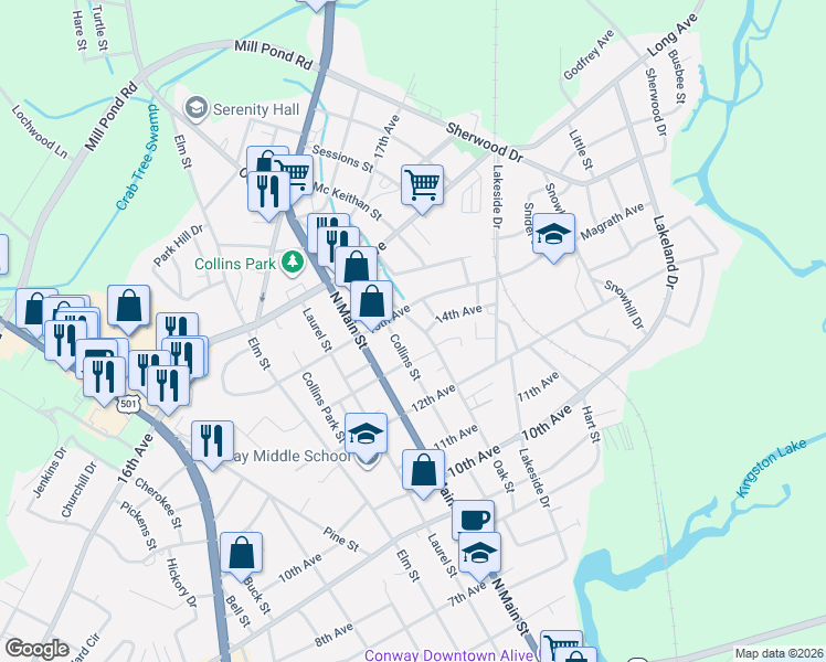 map of restaurants, bars, coffee shops, grocery stores, and more near 1408 Oak Street in Conway