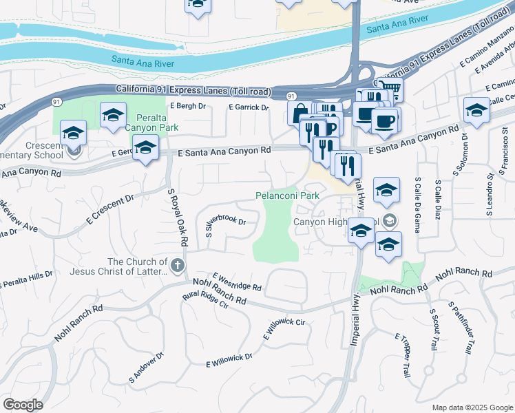 map of restaurants, bars, coffee shops, grocery stores, and more near 314 South Smokeridge Terrace in Anaheim