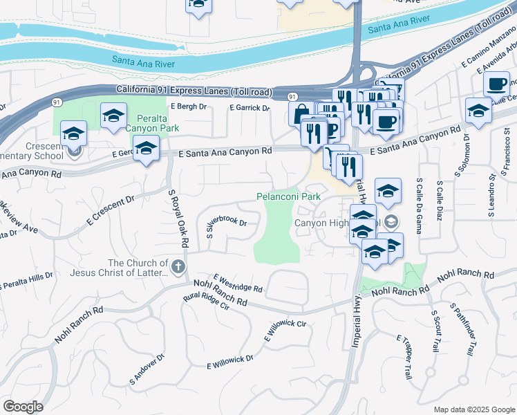 map of restaurants, bars, coffee shops, grocery stores, and more near 314 South Smokeridge Terrace in Anaheim