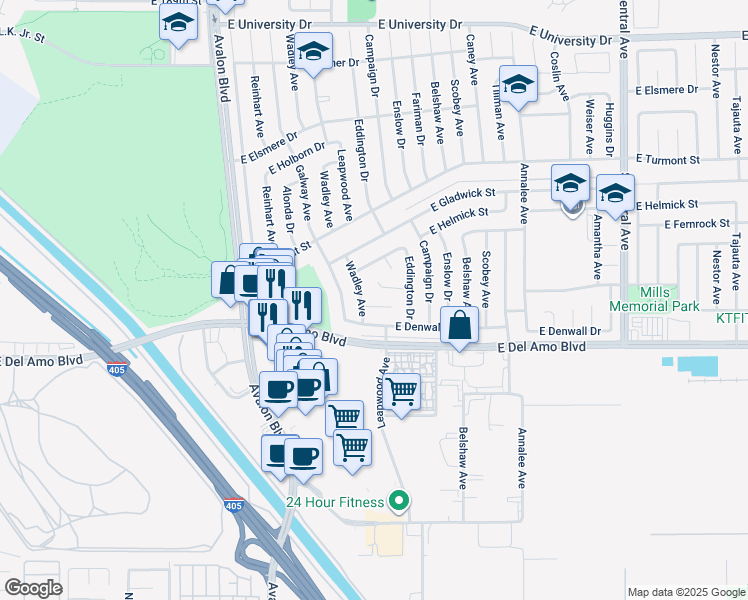 map of restaurants, bars, coffee shops, grocery stores, and more near 813 East Cyrene Street in Carson