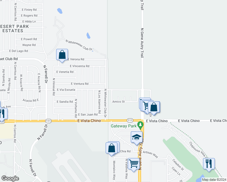 map of restaurants, bars, coffee shops, grocery stores, and more near 2072 Arnico Street in Palm Springs