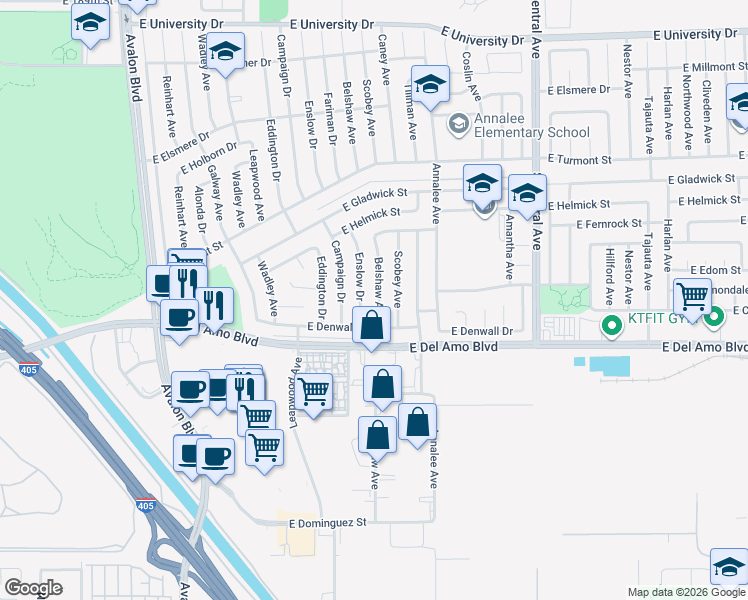 map of restaurants, bars, coffee shops, grocery stores, and more near 20119 Belshaw Avenue in Carson