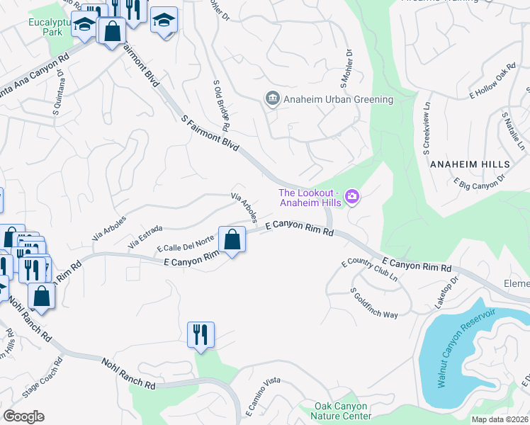 map of restaurants, bars, coffee shops, grocery stores, and more near 6633 East Paseo Del Norte in Anaheim