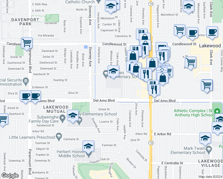 map of restaurants, bars, coffee shops, grocery stores, and more near 4937 Minturn Avenue in Lakewood