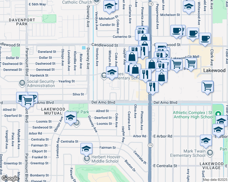 map of restaurants, bars, coffee shops, grocery stores, and more near 4944 Coke Avenue in Lakewood