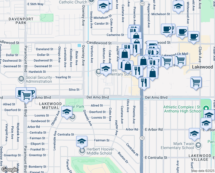 map of restaurants, bars, coffee shops, grocery stores, and more near 4944 Coke Avenue in Lakewood