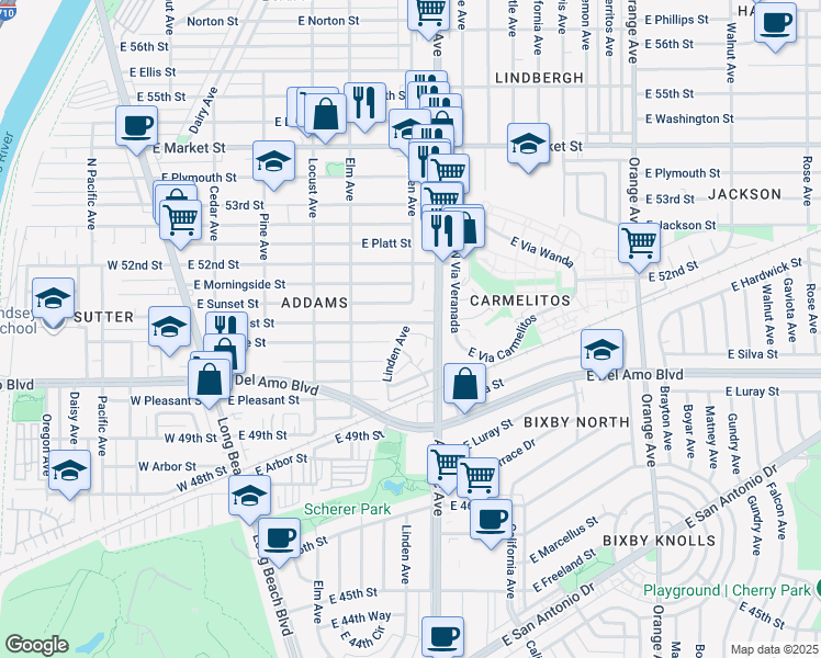 map of restaurants, bars, coffee shops, grocery stores, and more near 492 East Sunset Street in Long Beach