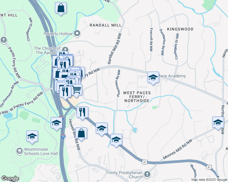 map of restaurants, bars, coffee shops, grocery stores, and more near 3418 Pinestream Road Northwest in Atlanta