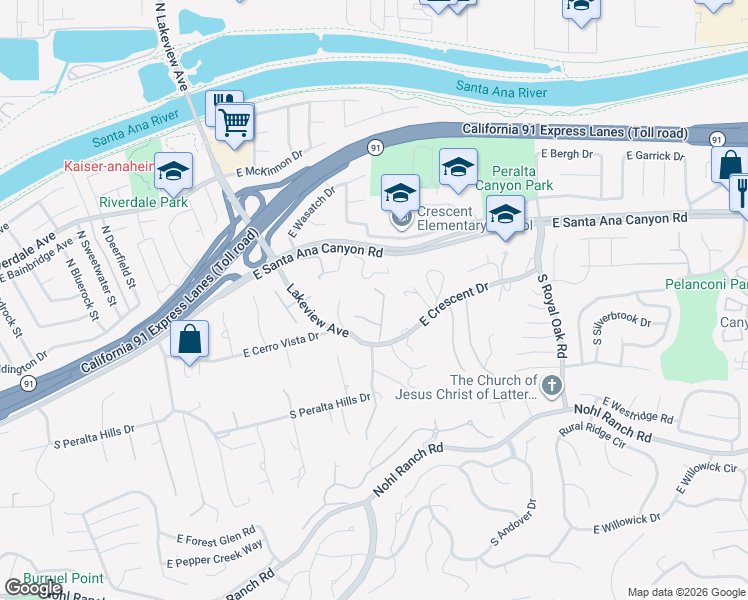 map of restaurants, bars, coffee shops, grocery stores, and more near 195 Ferrari Way in Anaheim