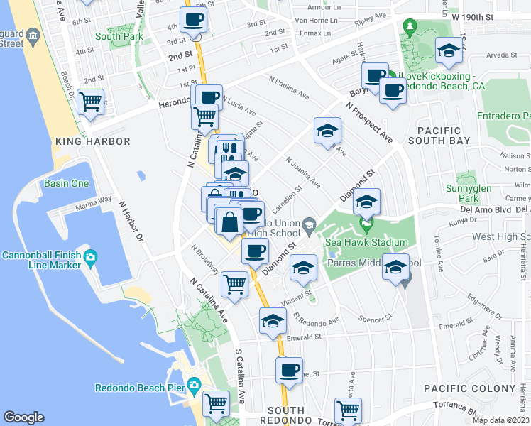 map of restaurants, bars, coffee shops, grocery stores, and more near 603 North Guadalupe Avenue in Redondo Beach