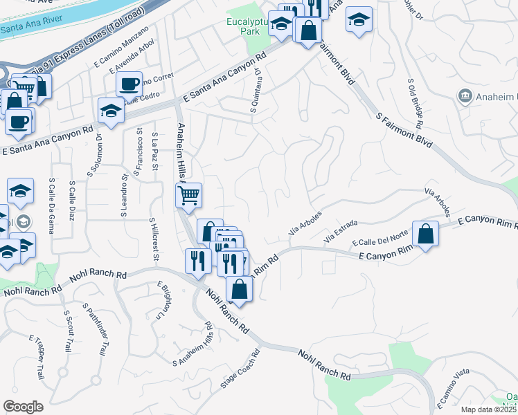 map of restaurants, bars, coffee shops, grocery stores, and more near 381 South Henning Way in Anaheim