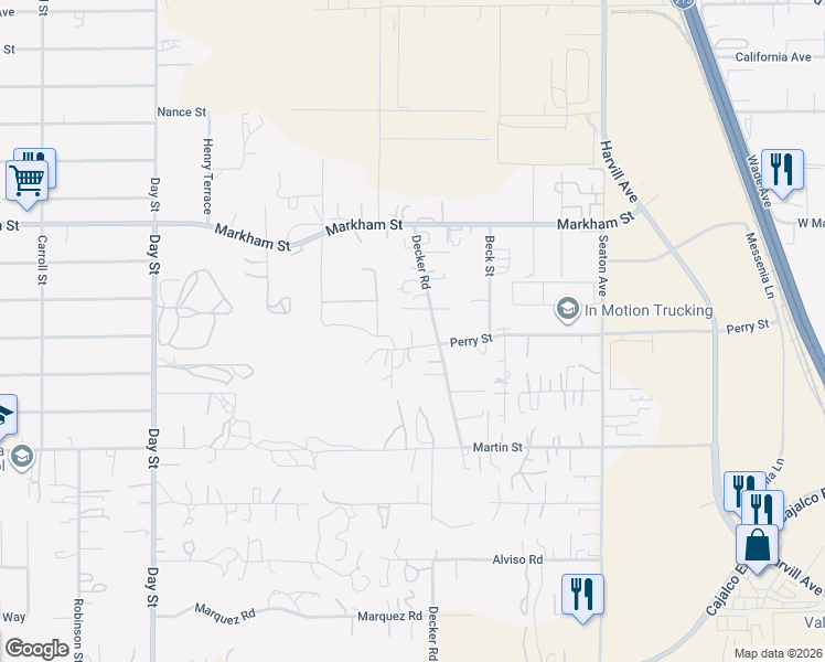 map of restaurants, bars, coffee shops, grocery stores, and more near 18691 Decker Road in Perris