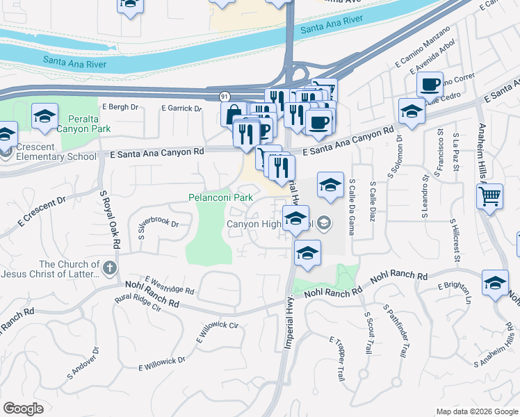 map of restaurants, bars, coffee shops, grocery stores, and more near 5560 East Vista Del Rio in Anaheim