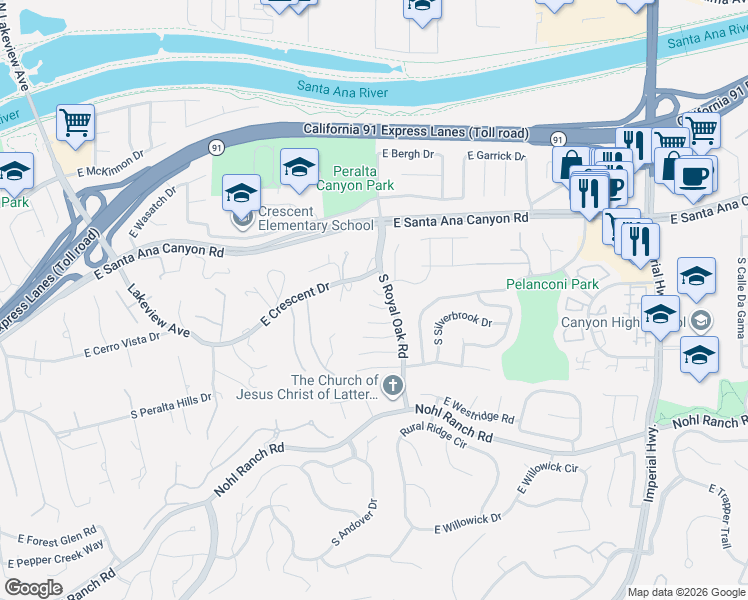 map of restaurants, bars, coffee shops, grocery stores, and more near 5219 East Shady Glen Lane in Anaheim