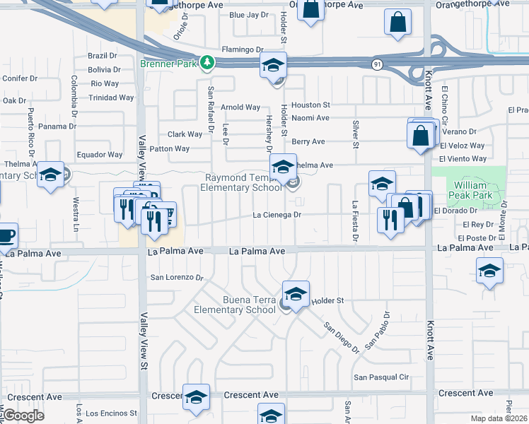 map of restaurants, bars, coffee shops, grocery stores, and more near 7822 La Mona Circle in Buena Park