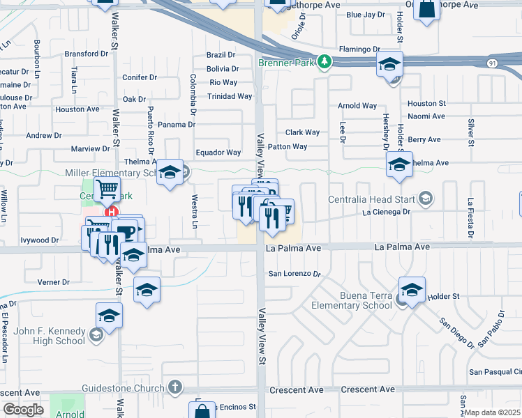 map of restaurants, bars, coffee shops, grocery stores, and more near 7799 Valley View Street in La Palma