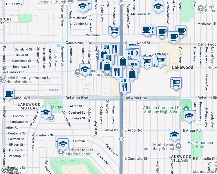 map of restaurants, bars, coffee shops, grocery stores, and more near 4954 Castana Avenue in Lakewood