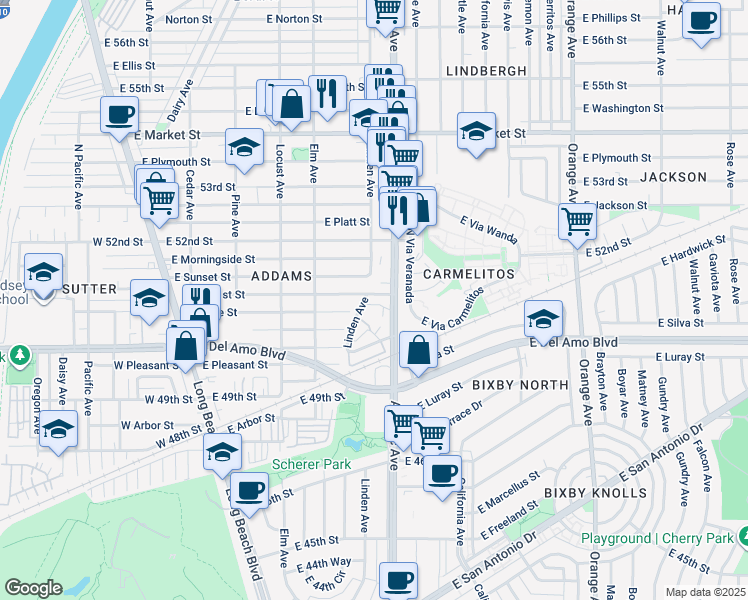map of restaurants, bars, coffee shops, grocery stores, and more near 492 East Sunset Street in Long Beach
