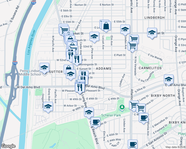 map of restaurants, bars, coffee shops, grocery stores, and more near 226 East Sunset Street in Long Beach
