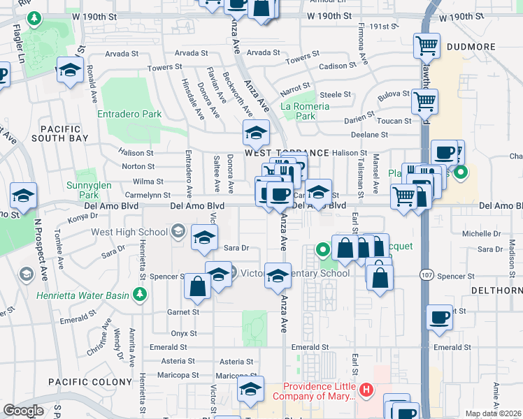 map of restaurants, bars, coffee shops, grocery stores, and more near 5026 Carmelynn Street in Torrance