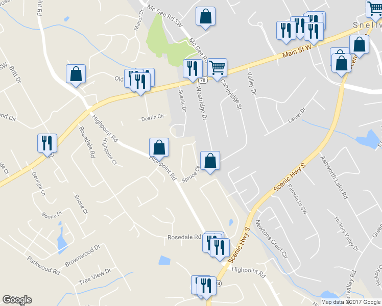 map of restaurants, bars, coffee shops, grocery stores, and more near 2956 Spruce Circle in Snellville