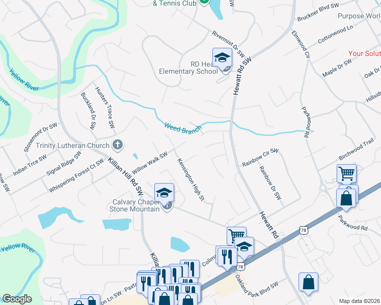 map of restaurants, bars, coffee shops, grocery stores, and more near 4092 Willow Walk Southwest in Lilburn