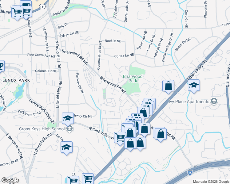 map of restaurants, bars, coffee shops, grocery stores, and more near 1441 Briarwood Road Northeast in Atlanta