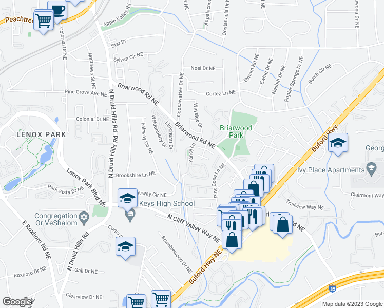 map of restaurants, bars, coffee shops, grocery stores, and more near 2122 Cobblestone Circle Northeast in Atlanta
