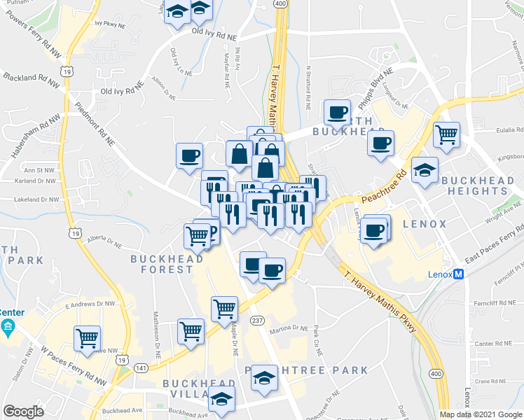 map of restaurants, bars, coffee shops, grocery stores, and more near 3338 Peachtree Road Northeast in Atlanta