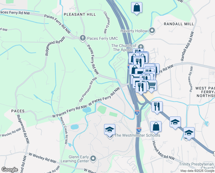 map of restaurants, bars, coffee shops, grocery stores, and more near 3326 Paces Ferry Road Northwest in Atlanta
