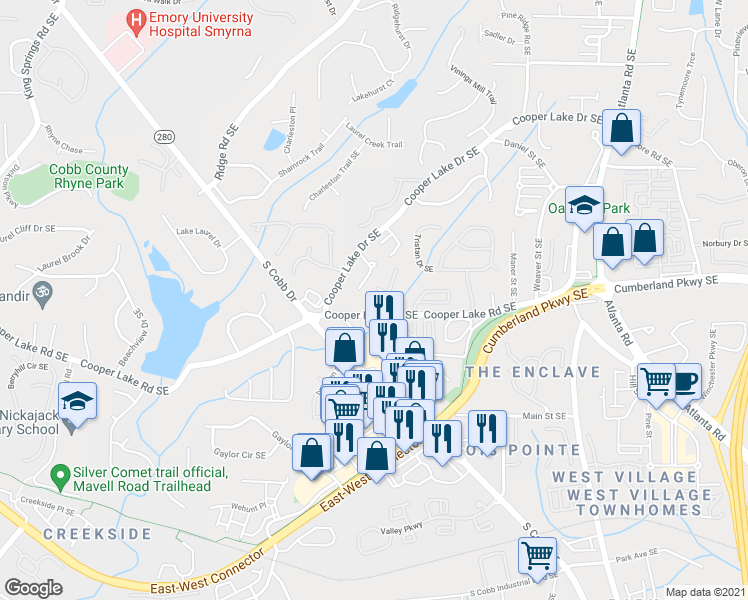 map of restaurants, bars, coffee shops, grocery stores, and more near 4306 Laurel Creek Court Southeast in Atlanta