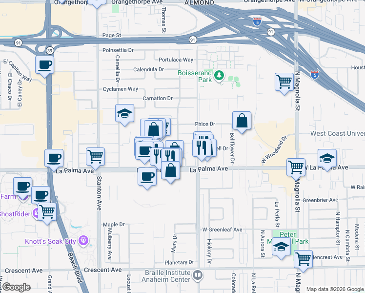 map of restaurants, bars, coffee shops, grocery stores, and more near 8434 Periwinkle Drive in Buena Park