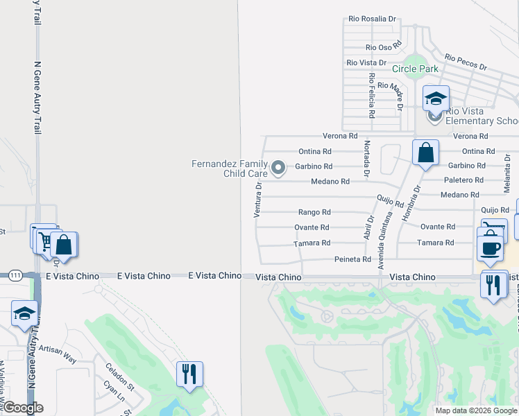 map of restaurants, bars, coffee shops, grocery stores, and more near 67120 Quijo Road in Cathedral City