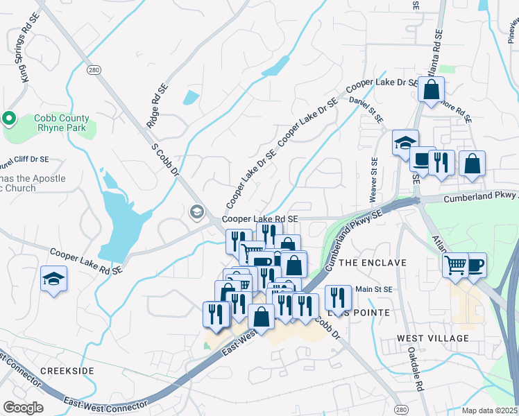 map of restaurants, bars, coffee shops, grocery stores, and more near 4306 Laurel Creek Court Southeast in Atlanta