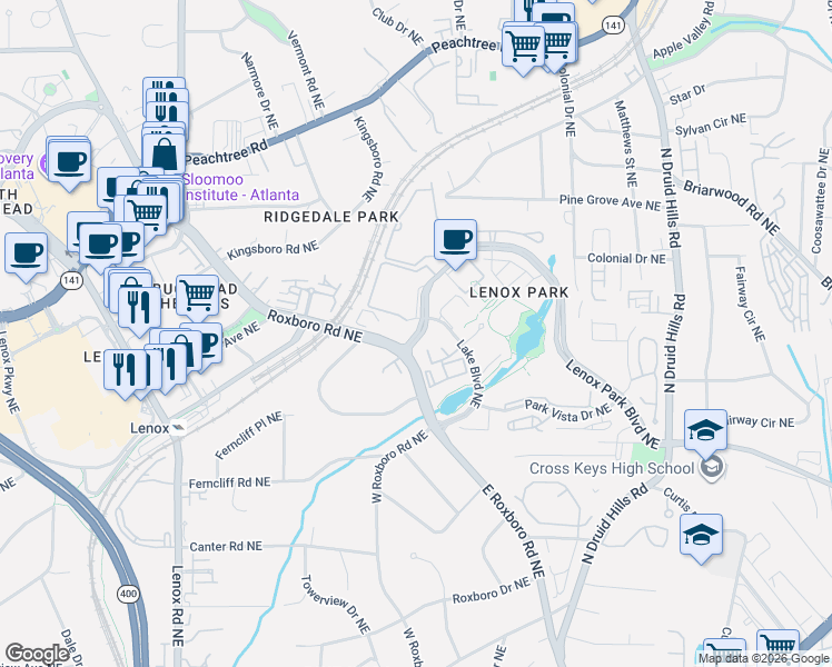 map of restaurants, bars, coffee shops, grocery stores, and more near 1177 Lenox Park Boulevard Northeast in Atlanta