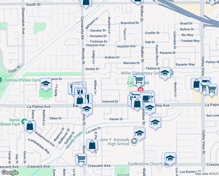 map of restaurants, bars, coffee shops, grocery stores, and more near 5211 Bridgewood Drive in La Palma
