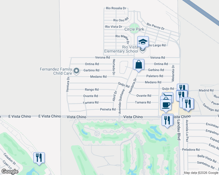 map of restaurants, bars, coffee shops, grocery stores, and more near 67420 Quijo Road in Cathedral City