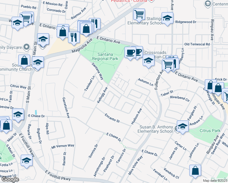 map of restaurants, bars, coffee shops, grocery stores, and more near 735 Orange Hill Drive in Corona