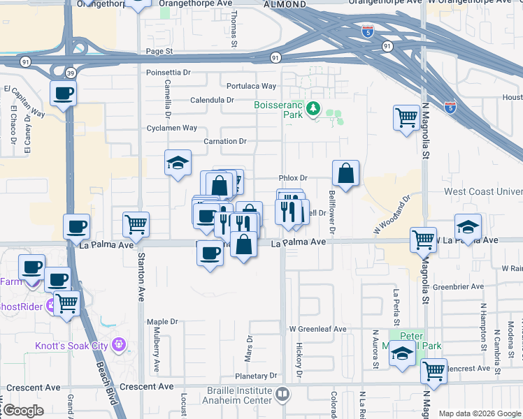 map of restaurants, bars, coffee shops, grocery stores, and more near 8434 Periwinkle Drive in Buena Park