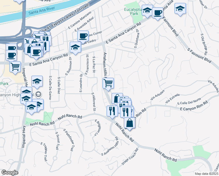 map of restaurants, bars, coffee shops, grocery stores, and more near 308 South San Vicente Lane in Anaheim