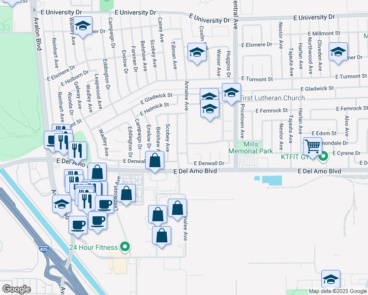 map of restaurants, bars, coffee shops, grocery stores, and more near 20119 Annalee Avenue in Carson