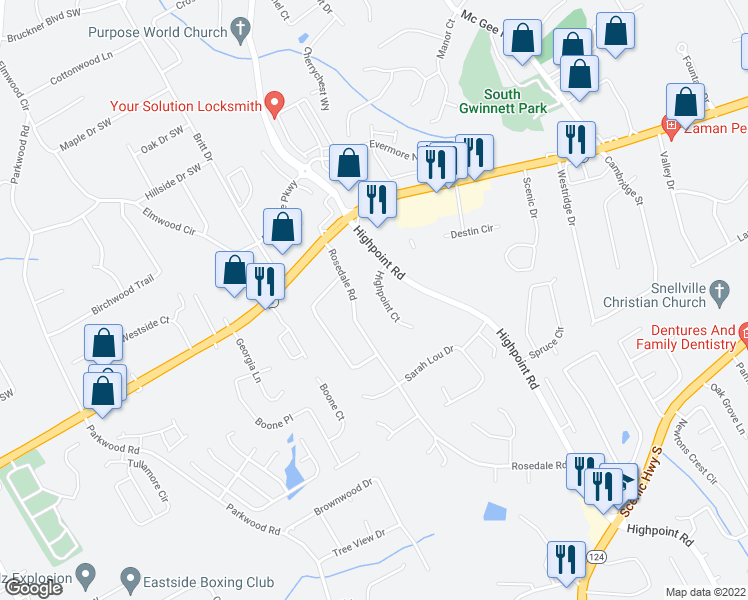 map of restaurants, bars, coffee shops, grocery stores, and more near 3223 Highpoint Court in Snellville